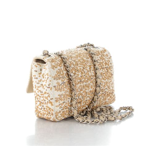 CHANEL Raffia Sequin Small Single Flap Beige Gold